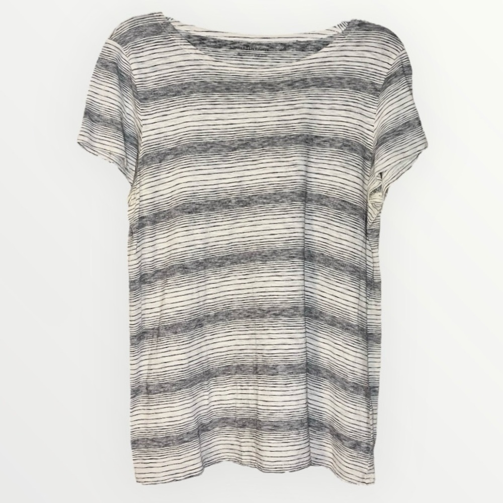 Eileen Fisher Gray & White Striped Lightweight Cotton Lyocell Shirt Sleeve Tee M